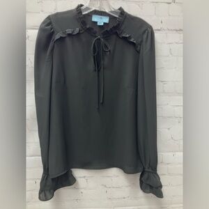 CeCe Black Ruffle Cuff Keyhole Neck Blouse Top Size Small